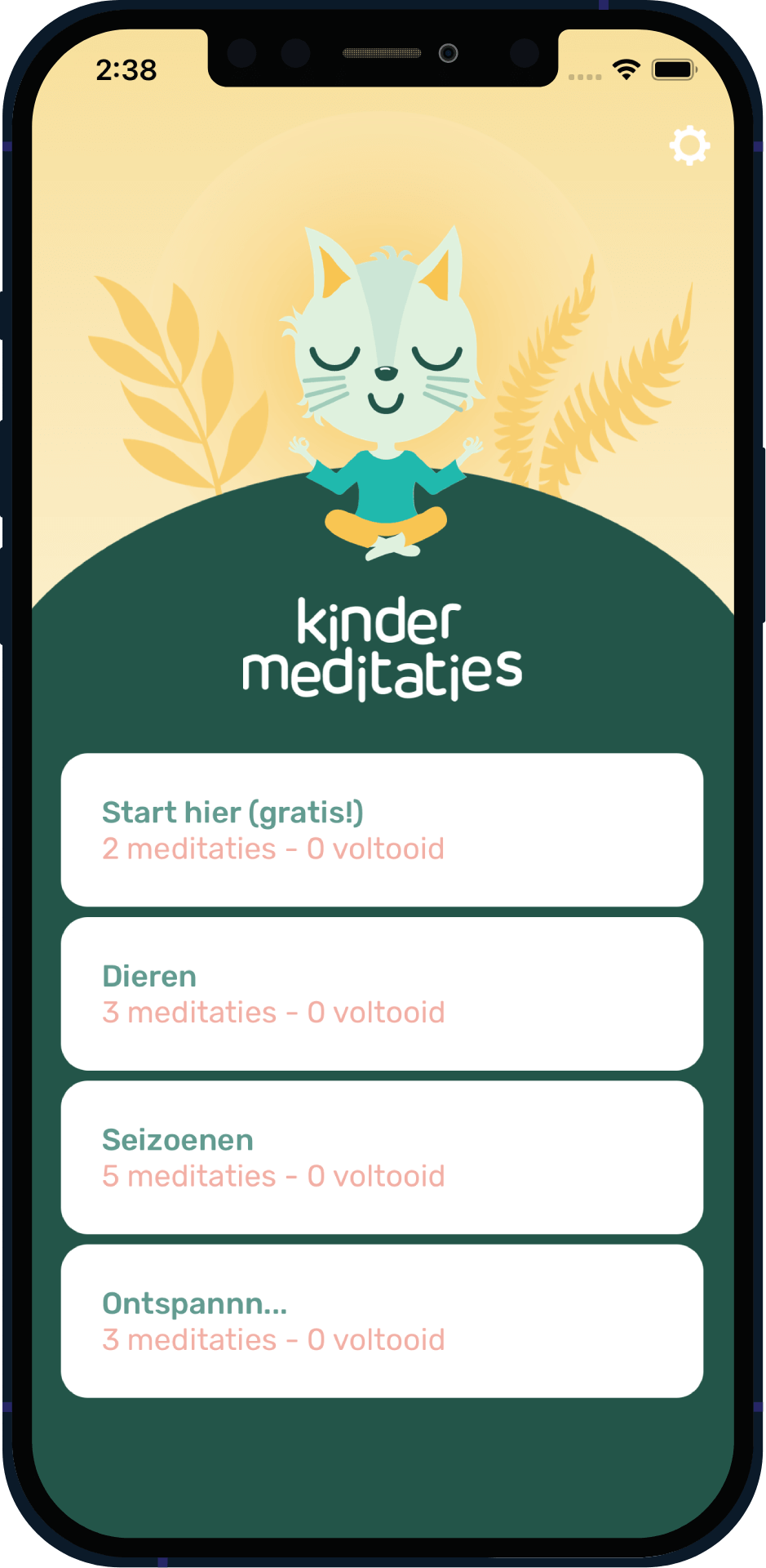 Het beginscherm van de Kindermeditatie App met geïllustreerde meditaties